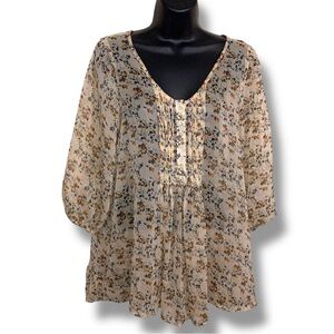 Large Juniors Myth NYC Semi Sheer Beige Floral Blouse Peasant Top Puff Sleeve